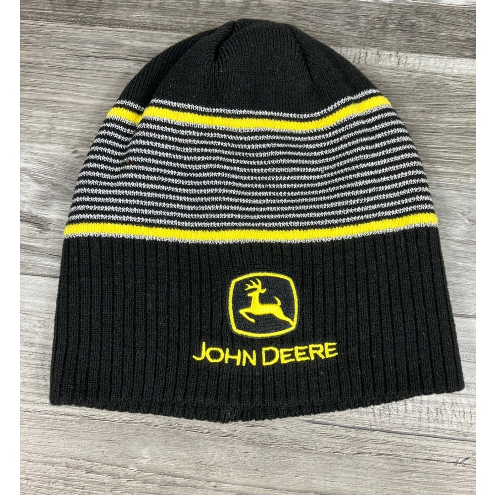 John Deere Black Yellow Striped Knit Beanie Hat Embroidered Logo One Size